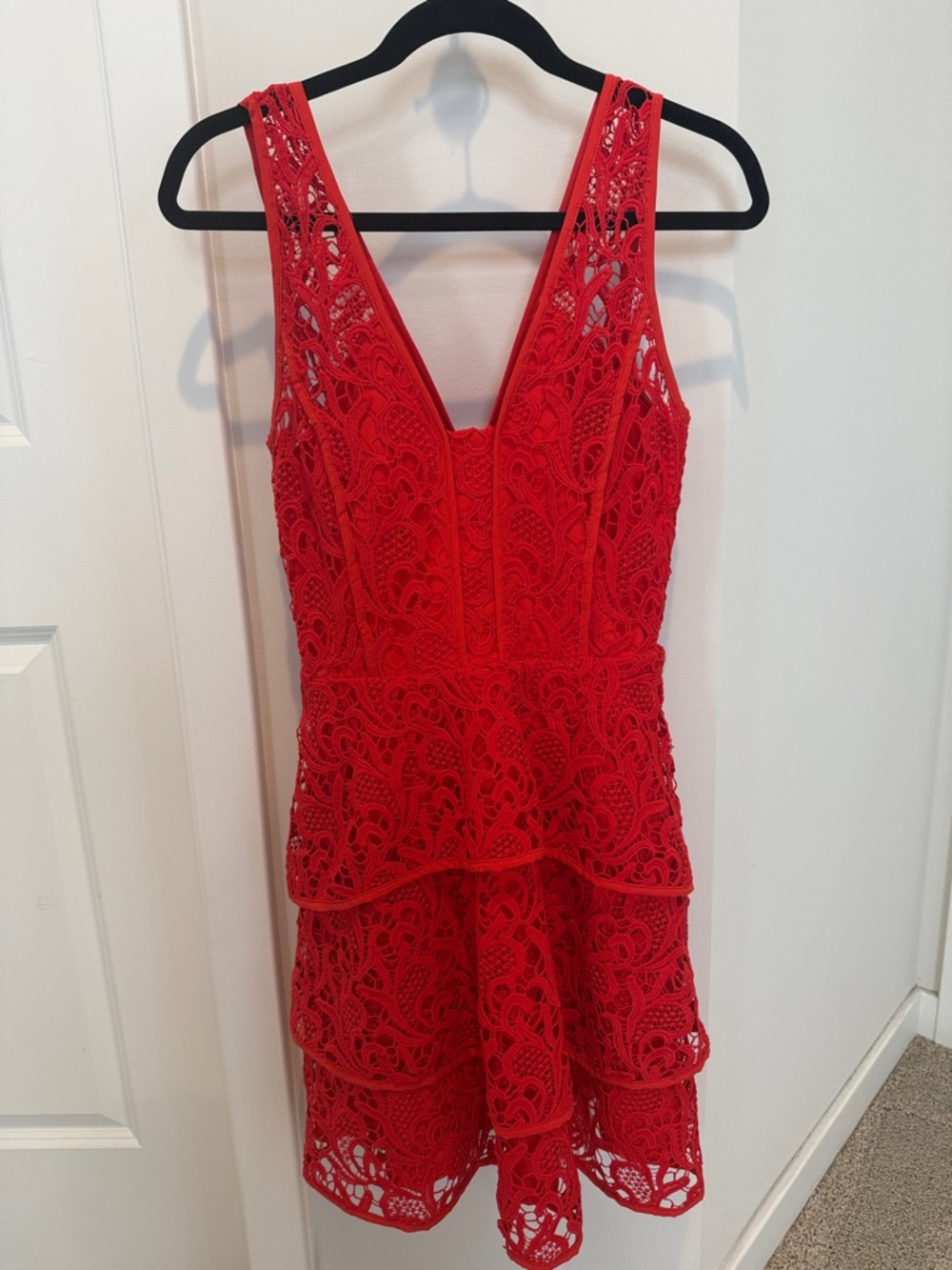 Adelyn Rae Vibrant Coral Lace-Trim Dress